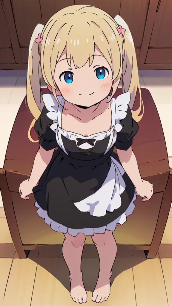 ((masterpiece))((Highest quality))girl、smile、blush、Flat Chest、Are thin、Blonde Hair、blush、Are standing、Whole body image、Even your toes are visible、Eye level on face、front、No background、真frontのアングル、A black maid outfit full of frills、Twin tails、High angle、Fisheye Lens