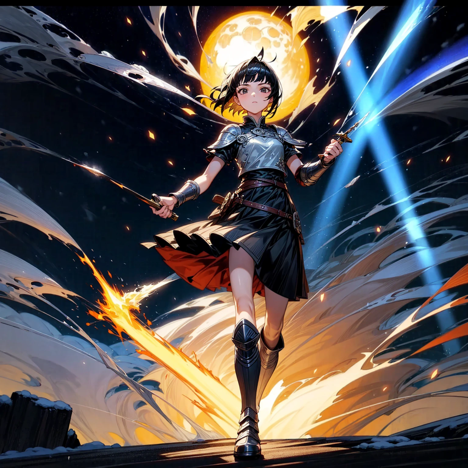 1girl, Full body version, 1character, girl version, black eyes color, short haircut, black colour hair, Ancient Roman style clothing, long skirt, ling boots, small armor body, Grassroots, background in snow, motion blur, (one piece style art), snow, knife in hand, standing gesture, fire, lighting knife, smoke effect, aura effect, lighting moon, Moonlight, fire aura, snow, blue lightning, Silhouette, knife light silhouette, moon