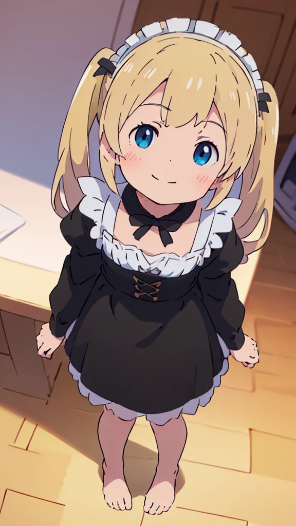 ((masterpiece))((Highest quality))girl、smile、blush、Flat Chest、Are thin、Blonde Hair、blush、Are standing、Whole body image、Even your toes are visible、Eye level on face、front、No background、真frontのアングル、A black maid outfit full of frills、Twin tails、High angle、Fisheye Lens
