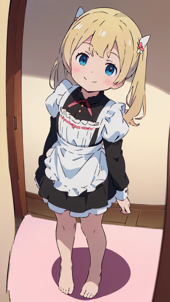 ((masterpiece))((Highest quality))girl、smile、blush、Flat Chest、Are thin、Blonde Hair、blush、Are standing、Whole body image、Even your toes are visible、Eye level on face、front、No background、真frontのアングル、A black maid outfit full of frills、Twin tails、High angle、Fisheye Lens
