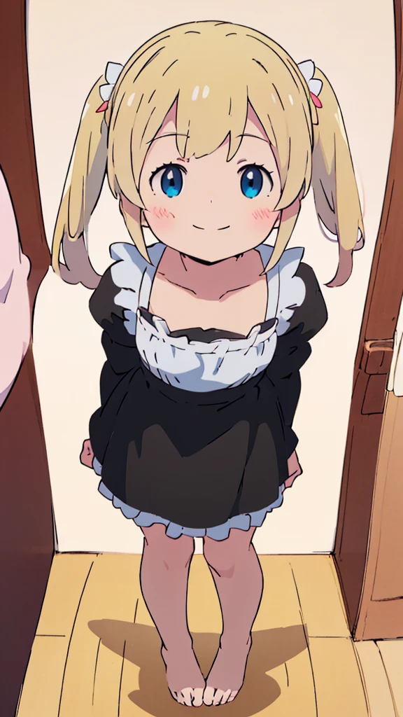 ((masterpiece))((Highest quality))girl、smile、blush、Flat Chest、Are thin、Blonde Hair、blush、Are standing、Whole body image、Even your toes are visible、Eye level on face、front、No background、真frontのアングル、A black maid outfit full of frills、Twin tails、High angle、Fisheye Lens