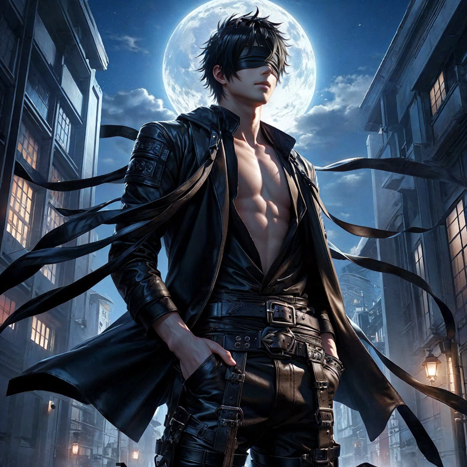 Realistic black leather leotard ,,black hair , Black leather strap according to the male body, realistic anime ,Black blindfold