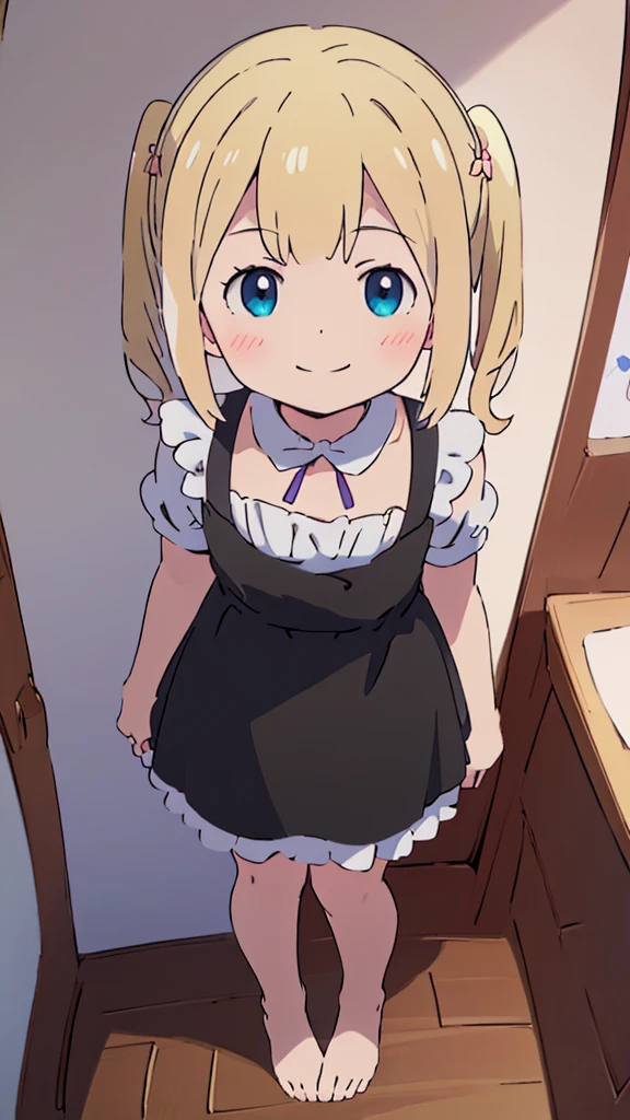 ((masterpiece))((Highest quality))girl、smile、blush、Flat Chest、Are thin、Blonde Hair、blush、Are standing、Whole body image、Even your toes are visible、Eye level on face、front、No background、真frontのアングル、A black maid outfit full of frills、Twin tails、High angle、Fisheye Lens