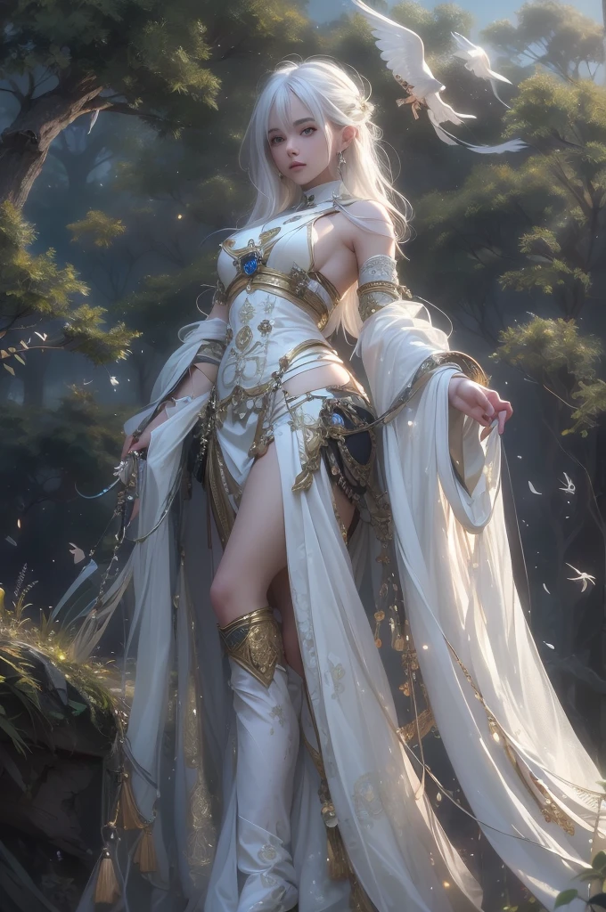 Night view、(White Wings 1.2),(White feathers falling in the background 1.1)， （（masterpiece））， （detailed：1.4），Realistic、 Beautiful Woman Images，High resolution（High Dynamic Range），Ray Tracing，NVIDIA，Super Resolution，PBR Textures，Post-processing，Anisotropic Filtering，Maximum depth of field resolution and crisp layer textures，Albedo and Specular Maps，Surface Shading，Accurate simulation of material interactions，Perfect balance，Rendering with Octane，2-color light，Large diameter，Low ISO，White balance，Rule 3 points、8K raw data、Backlight、（Gray hair that changes with light、length bangs that block the view、length, In the forest surrounded by white mist,One girl, alone, Age 25,(short hair),(White Hair),((Young body type 0.5)),(Flat Chest 0.9),非常にdetailedな肌と顔の質感:1.3, 超detailedな顔, detailedな手と指, detailedな目, (Inuit traditional clothing),Keep God,Cute and slim goddess, Fair skin, (Calm:0.9, Totally captivates you:1.0) Lustrous gray hair、Smooth and straight hair、WHITE hair fluttering in the wind、Beautiful Bangs）、（Beautiful white and shining skin、Cheek gloss highlighter、Sexy and very beautiful and adorable face、The most beautiful face in the world、big, Sparkling Blue Eyes）、From the side
