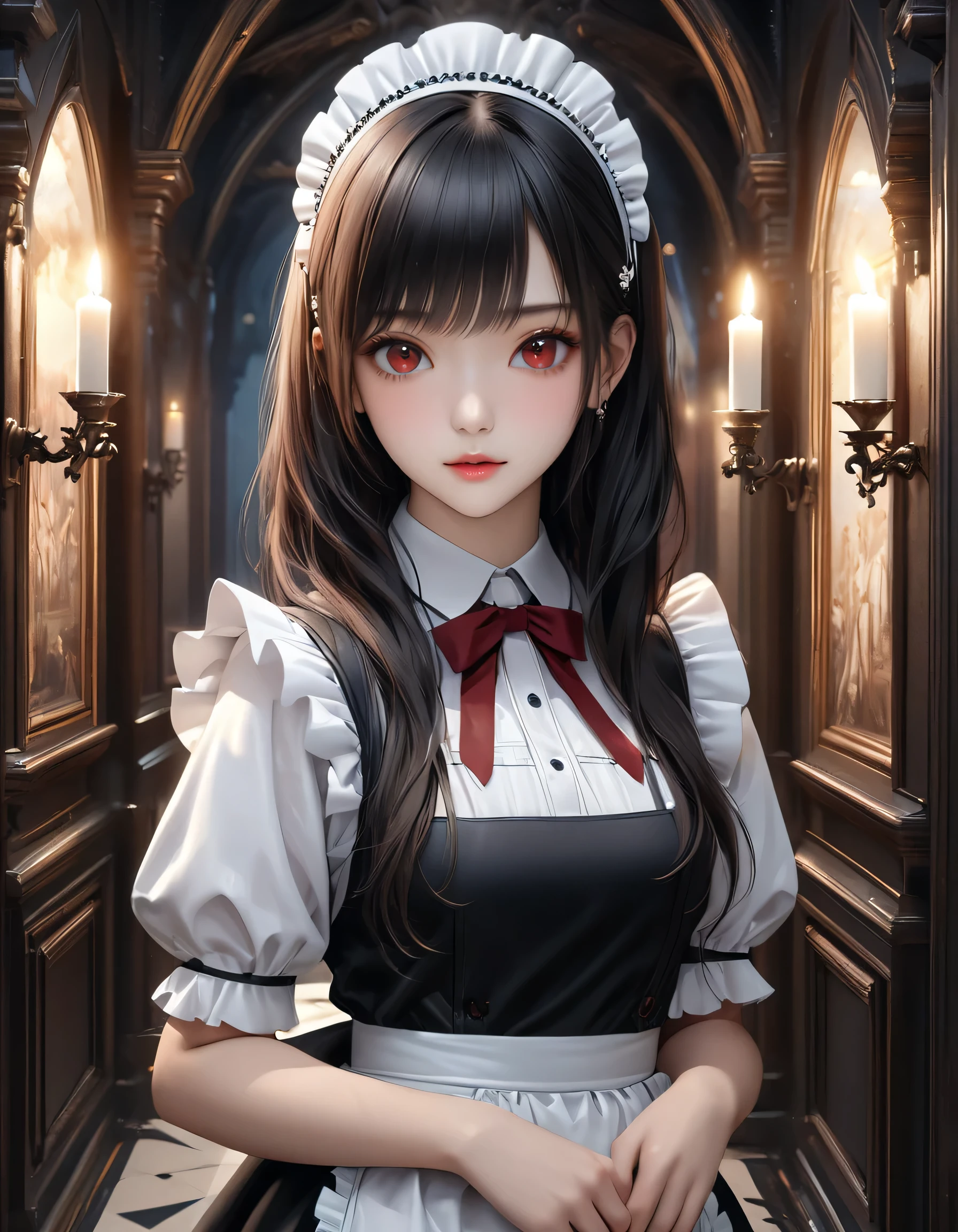 high quality, detailed, Realistic,(25 years old beautiful maid), (detailed dark red eyes), (black long hair),large beasts,(shiny skin),dark night palace corridor, candle,best quality,4k,8k,highres,masterpiece:1.2),ultra-detailed,(realistic,photorealistic,photo-realistic:1.37), looking at viewer,