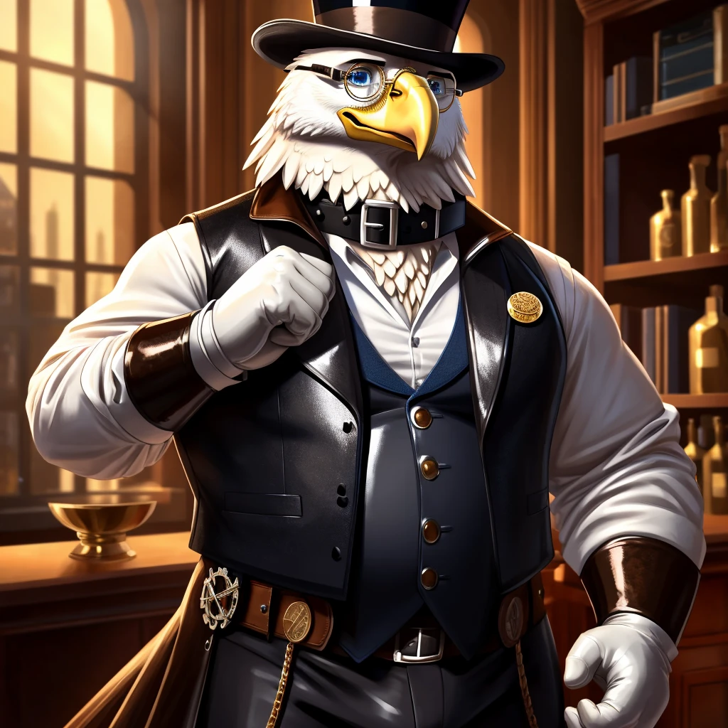 Solo, Male, fat, extremely obese, gentleman, dapper Professor Eagle, blue eyes, (posing:1.3), (soft shading), 4k, hi res, ((detailed face, detailed)), looking at viewer, mouth wide open, steampunk, collared shirt with buttons, top hat, male focus, Explorer Outfit, glasses, monocle, vest with buttons, sleeves rolled up, round eyewear, brown headwear, brown vest, Eagle is wearing a glossy leather dog collar around the neck, Eagle is wearing the leather collar and shirt and vest at the same time, Eagle is wearing glossy white rubber gloves on the hands, wearing white rubber gloves on the feet, gloves are rubber in texture, clenching teeth, clenching fists, leather collar is glossy and shiny with a lot of detail, Eagle is wearing gloves and leather collar at the same time, leather collar has a round dog-tag, leather collar is thick and detailed, leather collar is glossy and shiny, fancy clothing, dapper vest, dapper shirt, leather collar is thick, glossy leather collar.