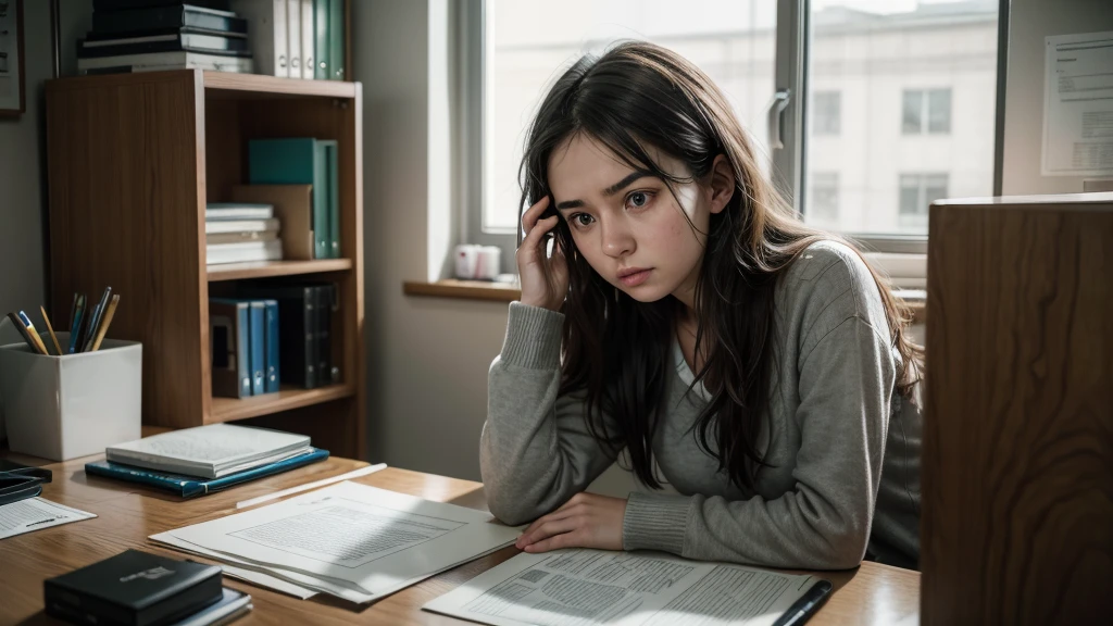 A young woman in her mid-twenties, sitting at a cluttered desk, looking tired and frustrated in a dimly lit office.