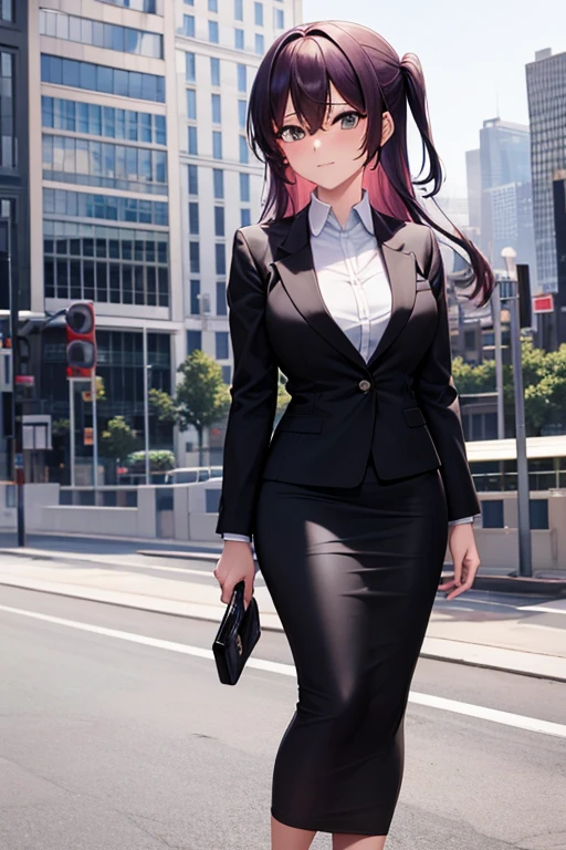 best quality, 1girl, beautiful business woman looking at viewer blushing, black business suit, black midi pencil skirt, black blazer, tie, heels, full body, medium purple hair, hairpin, office building, window