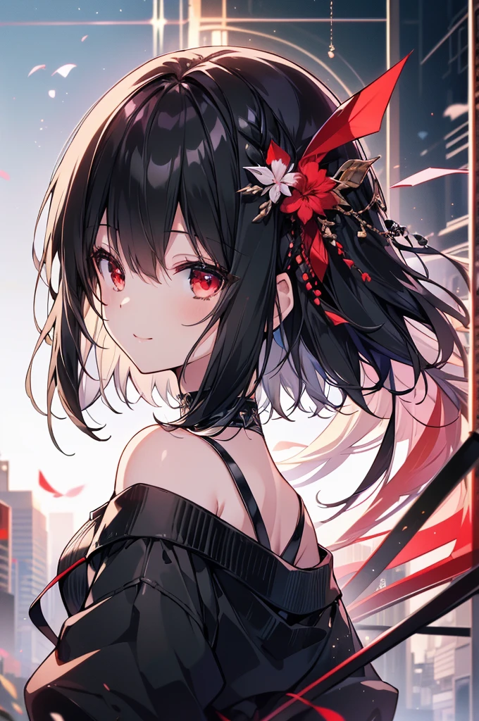(masterpiece, highest quality, highest quality, (No text), Beautiful and aesthetic:1.2),No text,アニメ、BREAK,One Girl,Black Hair Girl short hair older sister choker Tree Eyes Beautiful eyes Red eyes cool smile Red and Black Black jacket mini skirt whole body In town