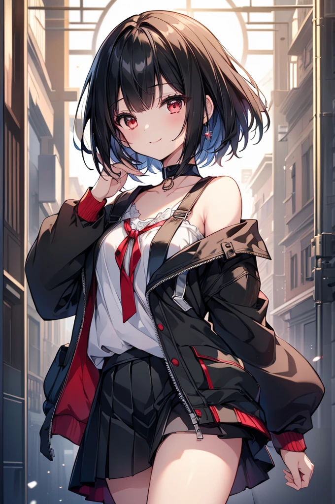 (masterpiece, highest quality, highest quality, (No text), Beautiful and aesthetic:1.2),No text,アニメ、BREAK,One Girl，Black Hair Girl　short hair　older sister　choker　Tree Eyes　Beautiful eyes　Red eyes　cool　smile　Red and Black　Black jacket　mini skirt　whole body　In town