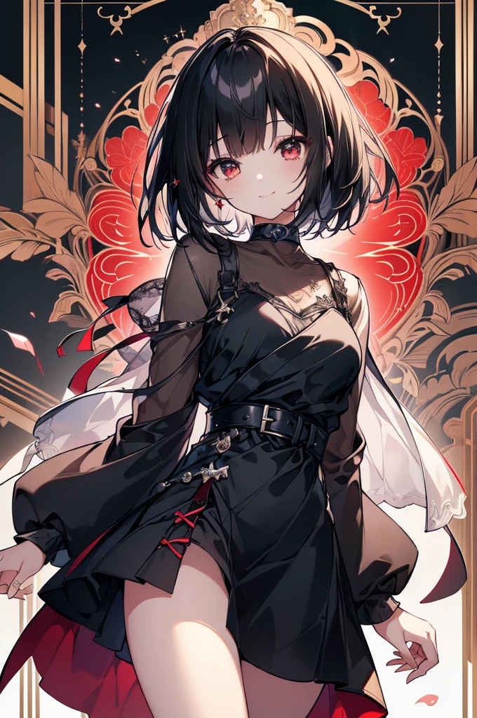 (masterpiece, highest quality, highest quality, (No text), Beautiful and aesthetic:1.2),No text,アニメ、BREAK,One Girl,Black Hair Girl short hair older sister choker Tree Eyes Beautiful eyes Red eyes cool smile Red and Black Black jacket mini skirt whole body In town