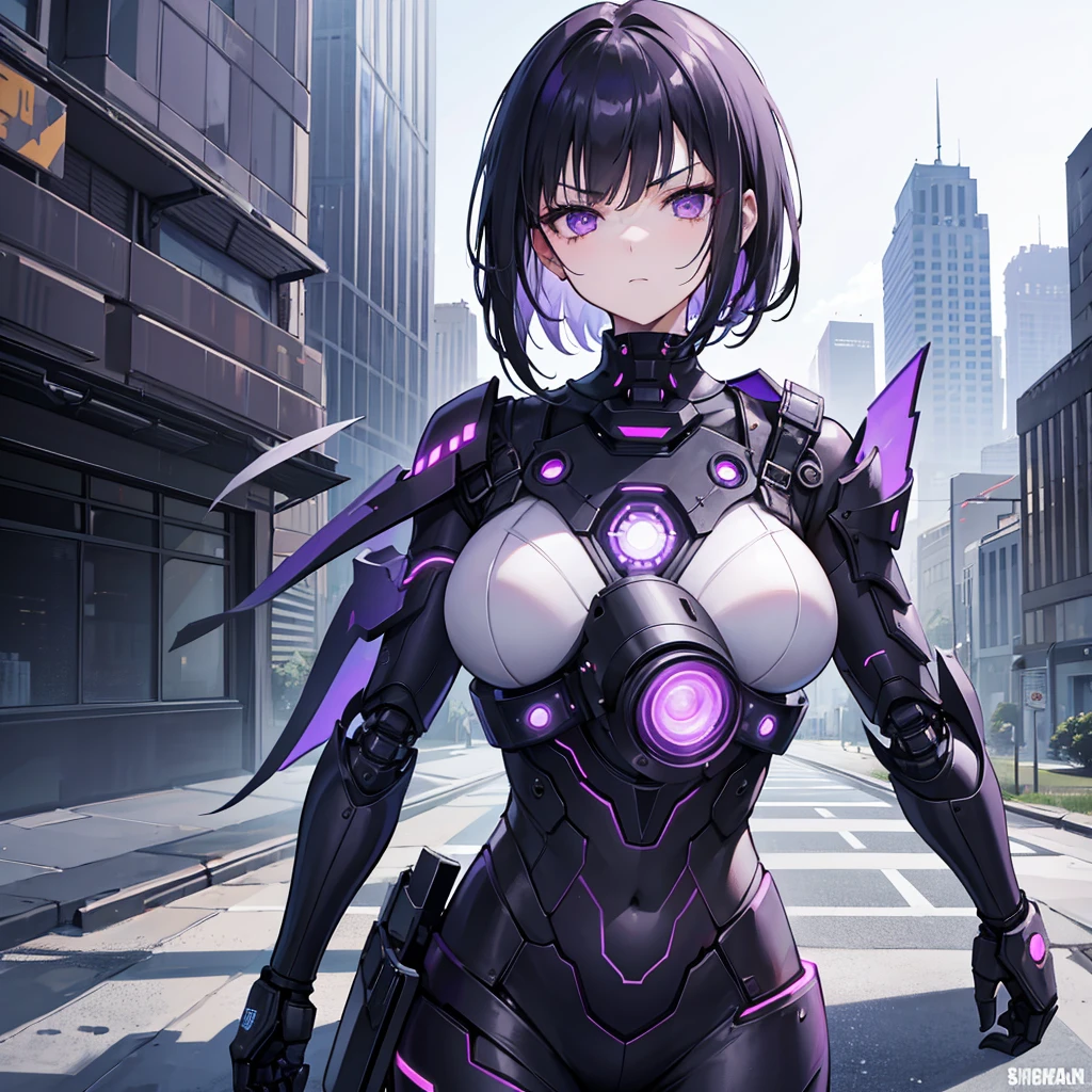 1girl, black short hair, eye covering bangs, purple eyes, expressionless, glaring, robotic arms, wearing tactical gear, urban ruins, skycrapers, absurdres, high res, ultrasharp, 8K, masterpiece, purple aura, portrait, 