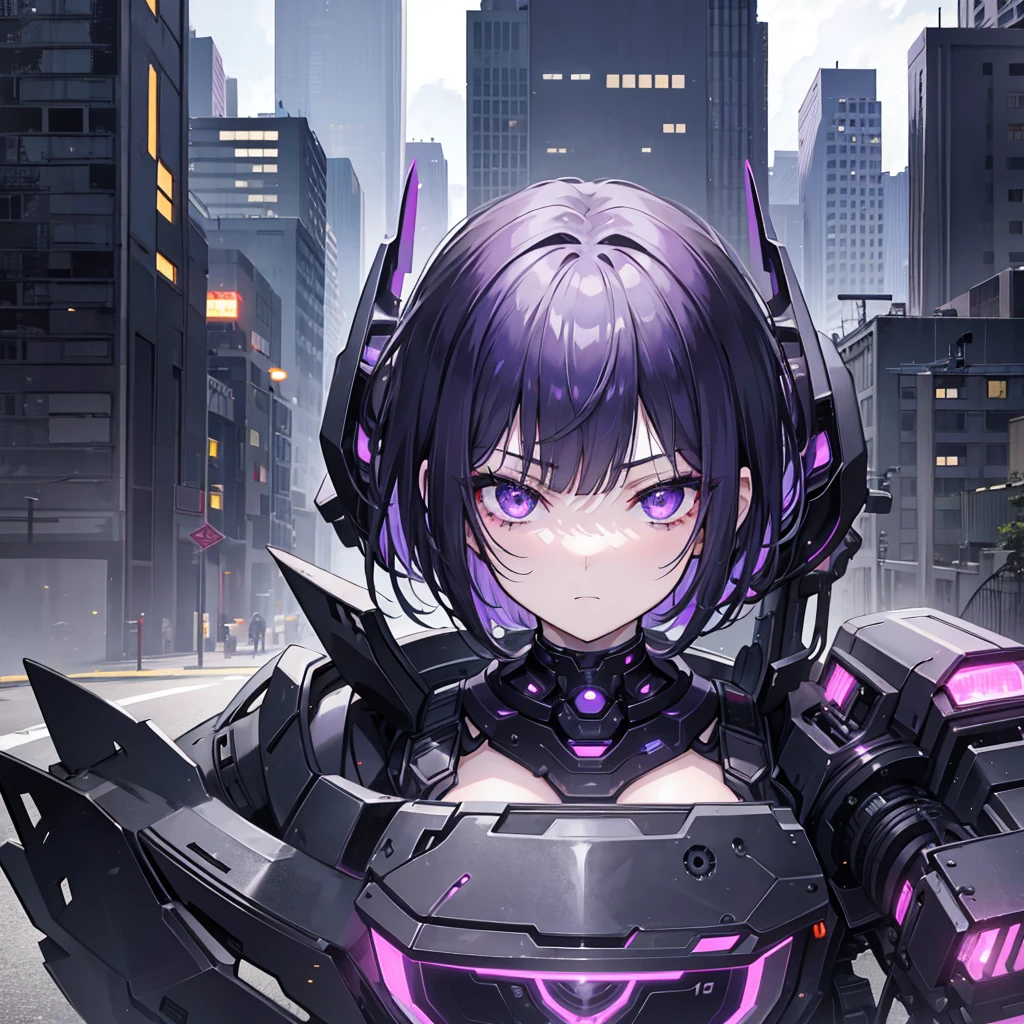 1girl, black short hair, eye covering bangs, purple eyes, expressionless, glaring, robotic arms, wearing tactical gear, urban ruins, skycrapers, absurdres, high res, ultrasharp, 8K, masterpiece, purple aura, portrait,