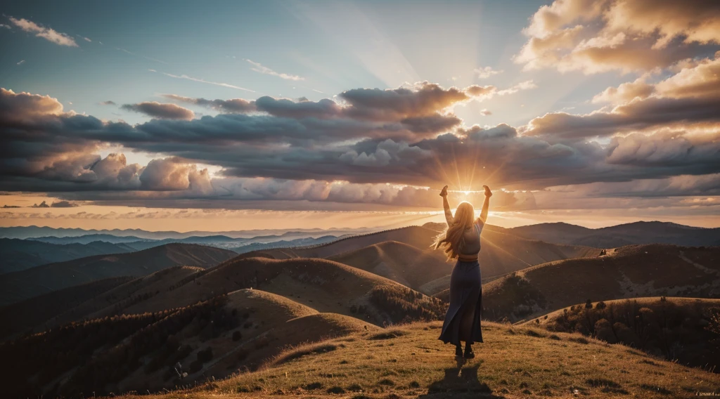 a person standing at the top of a mountain,arms raised in victory,looking at the horizon,soft light of rising sun,detailed face,realistic,photorealistic,ultra-detailed,4k,8k,highres,masterpiece,extremely detailed eyes and face,beautiful detailed eyes,beautiful detailed lips,longeyelashes,dramatic lighting,epic landscape,cinematic,vibrant colors,dramatic atmosphere,golden hour