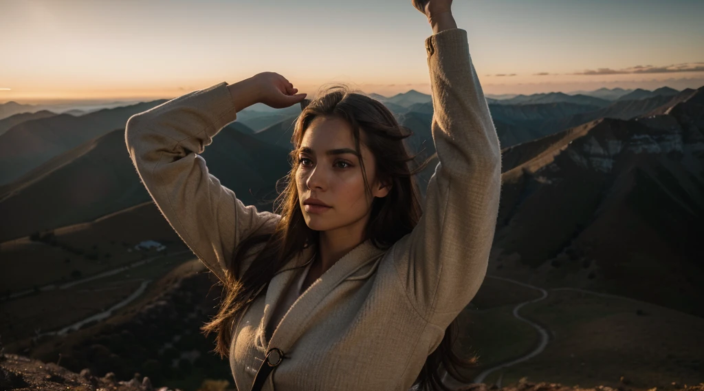 a person standing at the top of a mountain,arms raised in victory,looking at the horizon,soft light of rising sun,detailed face,realistic,photorealistic,ultra-detailed,4k,8k,highres,masterpiece,extremely detailed eyes and face,beautiful detailed eyes,beautiful detailed lips,longeyelashes,dramatic lighting,epic landscape,cinematic,vibrant colors,dramatic atmosphere,golden hour