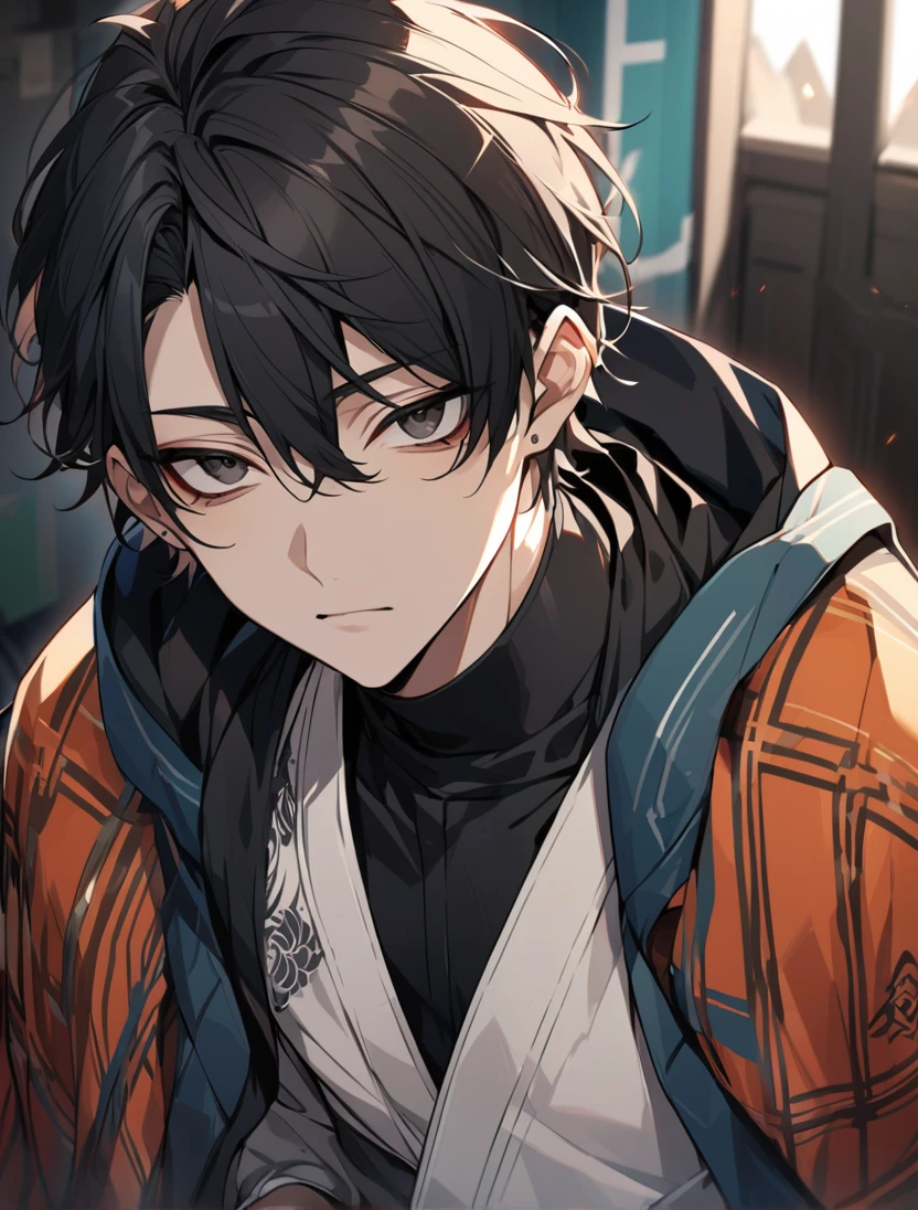 (black_hair), (short_hair), (deep_black_eyes), (high_detailed_eyse), (Handsome), (Attractive), (male), (unique_dark_colored_Haori), (detailed_Hair), (detailed), (detailed_mouth), (Teenager), (dark_under_eyes), 