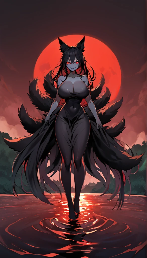 Beautiful black Kitsune, red eyes, highly detailed face, highly detailed eyes, big breasts, sexy figure, mature woman, several black kitsune tails, soft long Black Kitsune ears, You rule a lake, with a towel, a huge redblood moon in the sky reflecting in the water, The forest would be burning full of charred corpses,With a terrifying look smiling, the eyes would glow red, His body would be covered in a very sinister dark stain.