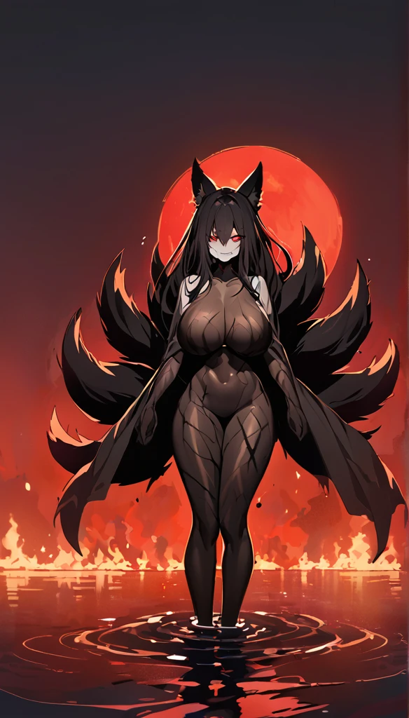 Beautiful black Kitsune, red eyes, highly detailed face, highly detailed eyes, big breasts, sexy figure, mature woman, several black kitsune tails, soft long Black Kitsune ears, You rule a lake, with a towel, a huge redblood moon in the sky reflecting in the water, The forest would be burning full of charred corpses,With a terrifying look smiling, the eyes would glow red, His body would be covered in a very sinister dark stain.