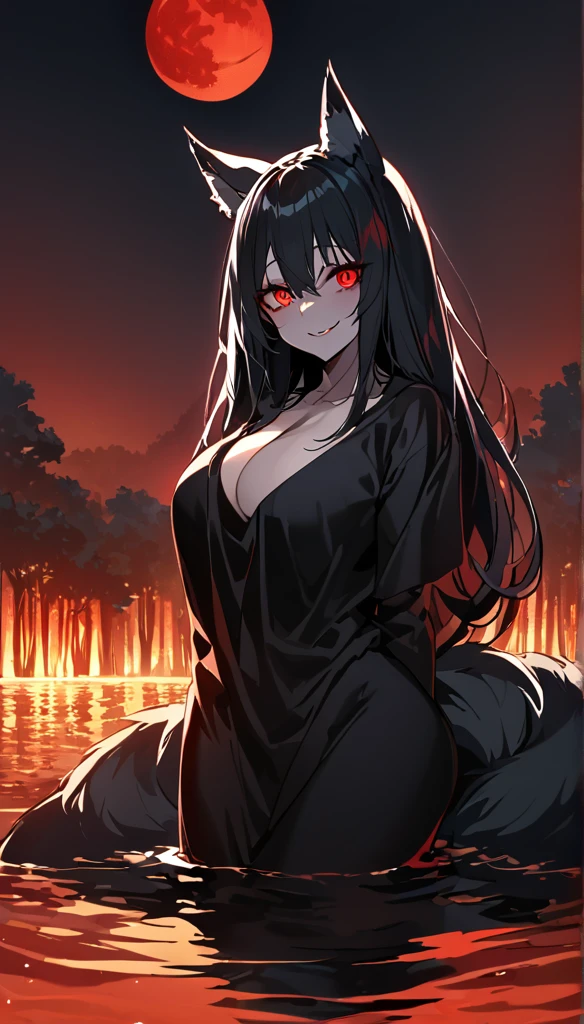 Beautiful black Kitsune, red eyes, highly detailed face, highly detailed eyes, big breasts, sexy figure, mature woman, several black kitsune tails, soft long Black Kitsune ears, You rule a lake, with a towel, a huge redblood moon in the sky reflecting in the water, The forest would be burning full of charred corpses,With a terrifying look smiling, the eyes would glow red, His body would be covered in a very sinister dark stain.