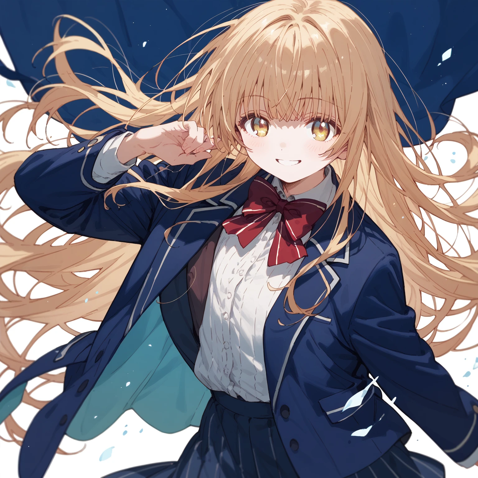 smile,alone,
mahirushiina,One girl,Blonde,Long Hair,
Blue blazer,Red bow tie,