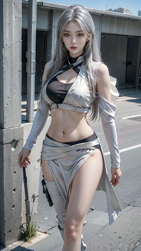 Photorealistic, high resolution, 1 woman, Solo, Hips up, view the viewer, (Detailed face), long hair, SWAT vests, jewelry, medium bust, battlefield outfit, silver outfit, bare stomach and shoulders, bare thigh, building background, walking,,