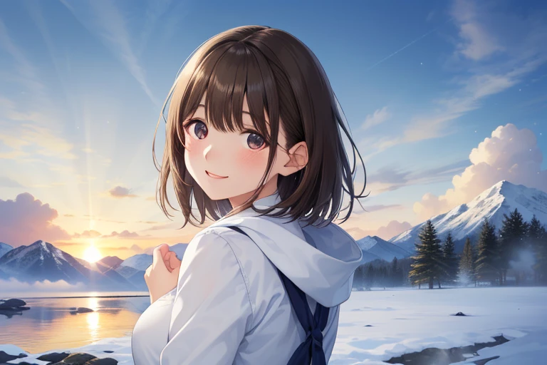 Only one female, (Looking back at the audience), ((((winter用コート)))) winter, Mature Woman, /赤面する優しいsmile, (Eyes shining with hope), (Masterpiece Top quality:1.2) Delicate illustrations, super detailed,  (The first sunrise over the horizon), Mountain (sea of clouds:1.2), Morning Glow, Vividly colored sky BREAK (standing on top of Mountain) Outdoor, early morning、


anegasaki nene、Shiny brown hair, short hair, (Beautiful brown eyes、Sparkling eyes, Fine grain)、smile、Ultra-detailed eyes、Highly detailed face, Highly detailed eyes,
