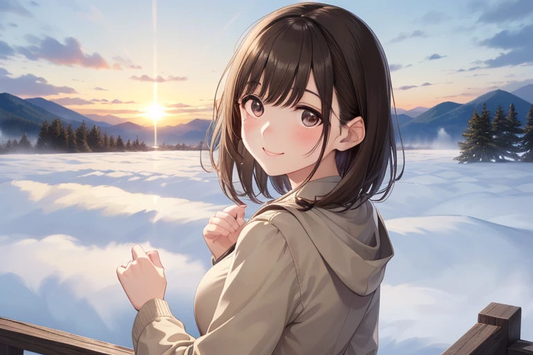 Only one female, (Looking back at the audience), ((((winter用コート)))) winter, Mature Woman, /赤面する優しいsmile, (Eyes shining with hope), (Masterpiece Top quality:1.2) Delicate illustrations, super detailed,  (The first sunrise over the horizon), Mountain (sea of clouds:1.2), Morning Glow, Vividly colored sky BREAK (standing on top of Mountain) Outdoor, early morning、


anegasaki nene、Shiny brown hair, short hair, (Beautiful brown eyes、Sparkling eyes, Fine grain)、smile、Ultra-detailed eyes、Highly detailed face, Highly detailed eyes,