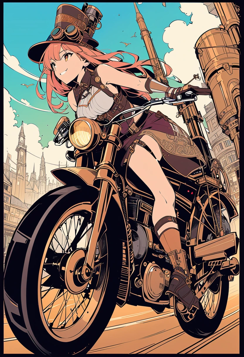 (Line art_anime),(Highest quality, ),(Laura Budd Photos:1.2),(Laura Add details:1.0),8K, Flat Color:0.8,Dynamic Angle,1 Girl,smile、(Steampunk Bike Ride 1.5)、Exquisitely decorated motorcycle、(Highly decorative and complex mechanical steampunk fashion, Lace flare dolphin hat、Goggles 1.5、machinery background、Gear background、An elaborately mechanized steampunk cityscape 1.5),