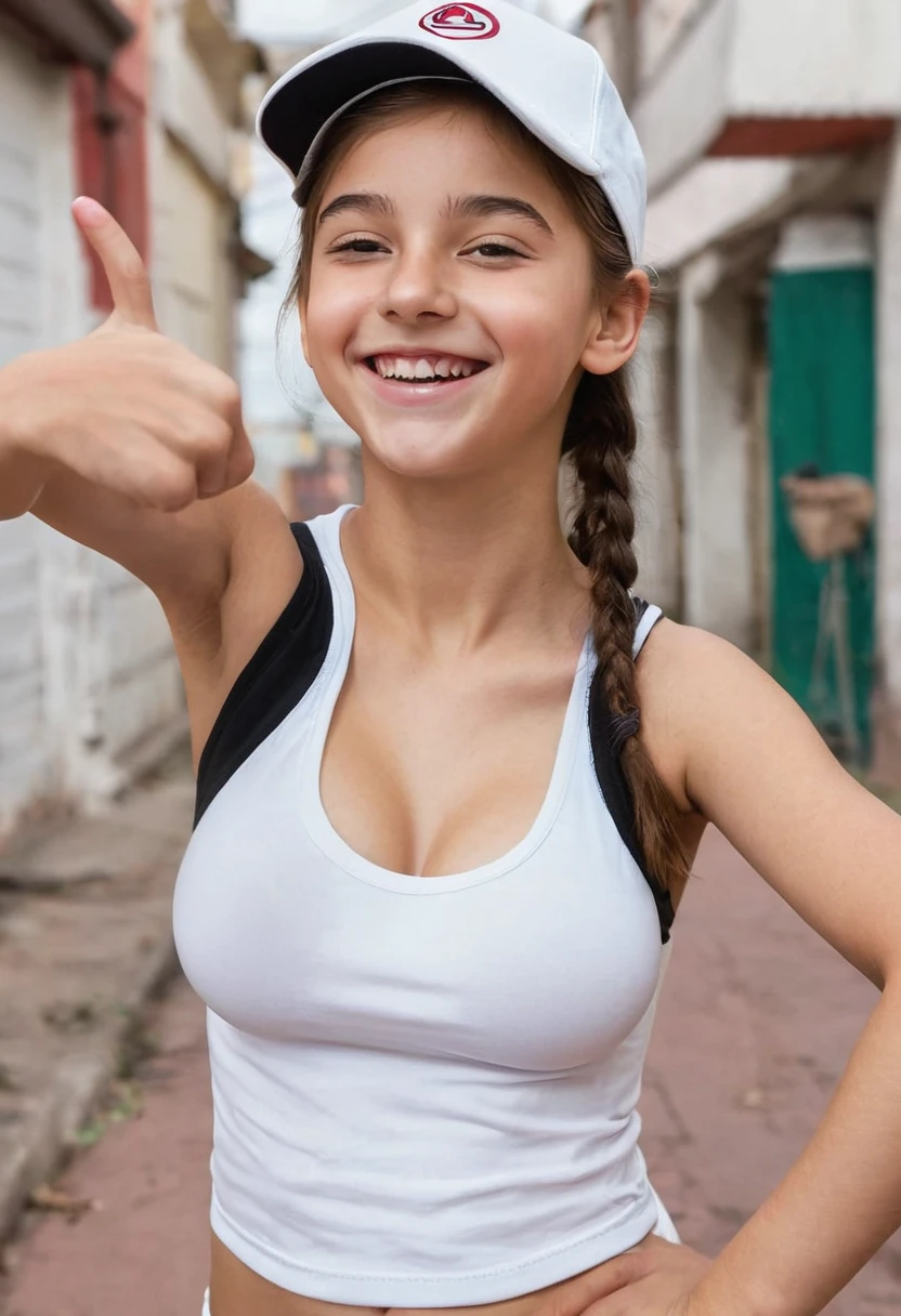 girl about 14 years old, White running shoes, puts his fingers in her pussy,  cap, Giant breasts, Smiling face