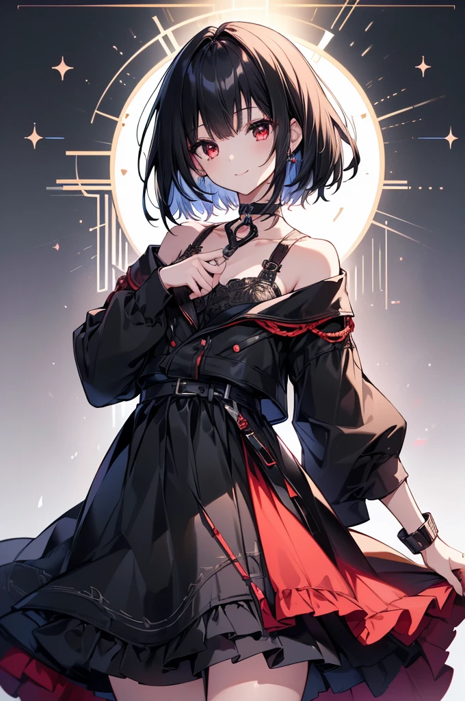 (masterpiece, highest quality, highest quality, (No text), Beautiful and aesthetic:1.2),No text,アニメ、BREAK,One Girl,Black Hair Girl short hair older sister choker Tree Eyes Beautiful eyes Red eyes cool smile Red and Black Black jacket mini skirt whole body In town