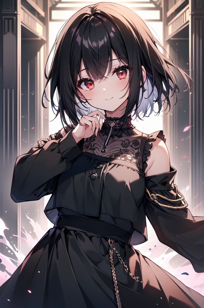 (masterpiece, highest quality, highest quality, (No text), Beautiful and aesthetic:1.2),No text,アニメ、BREAK,One Girl,Black Hair Girl short hair older sister choker Tree Eyes Beautiful eyes Red eyes cool smile Red and Black Black jacket mini skirt whole body In town
