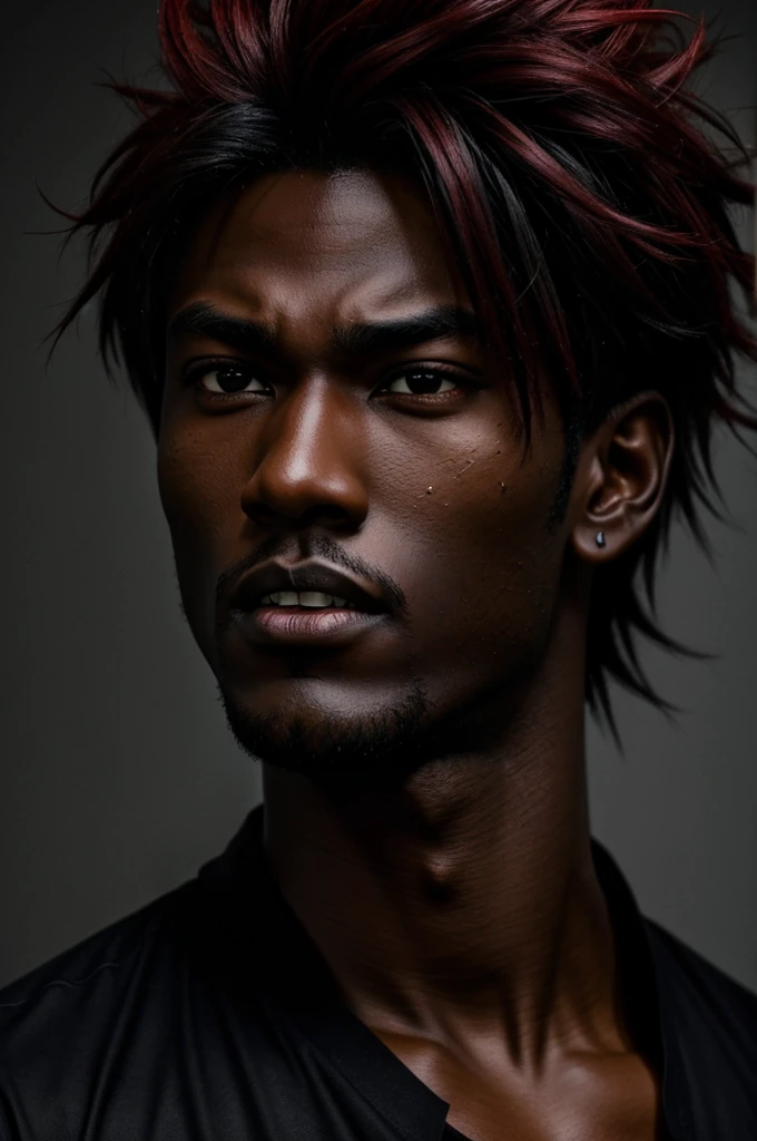 Dark-skinned anime boy robust tall handsome scarlet red eyes scar on cheek look intimidate sharp teeth with a black shirt attached