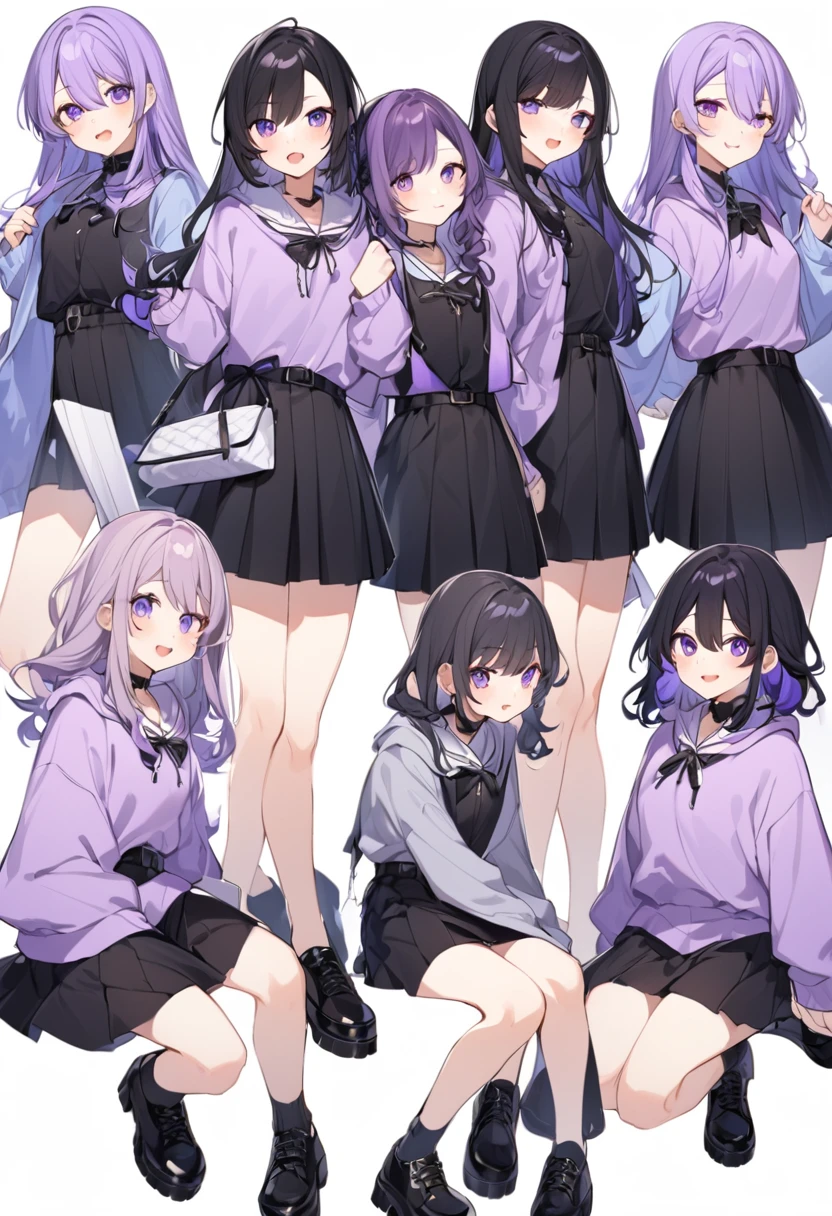 Keito。Purple hoodie。Black Skirt。Purple Eyes。Black Hair。Black shoes下。Black shoes。six sistery eldest daughter has lavender hair.。all female。Sextuplets。