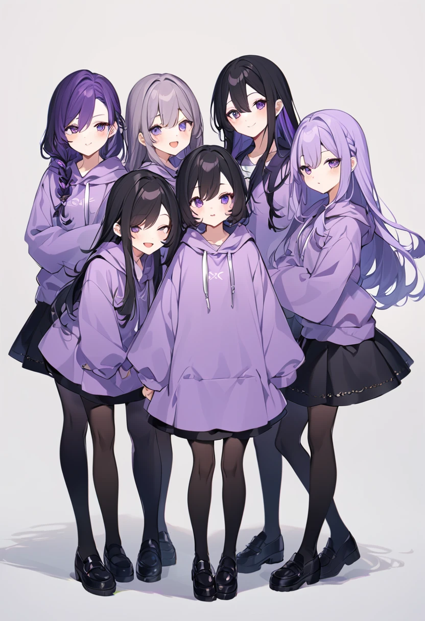 Keito。Purple hoodie。Black Skirt。Purple Eyes。Black Hair。Black shoes下。Black shoes。six sistery eldest daughter has lavender hair.。all female。Sextuplets。