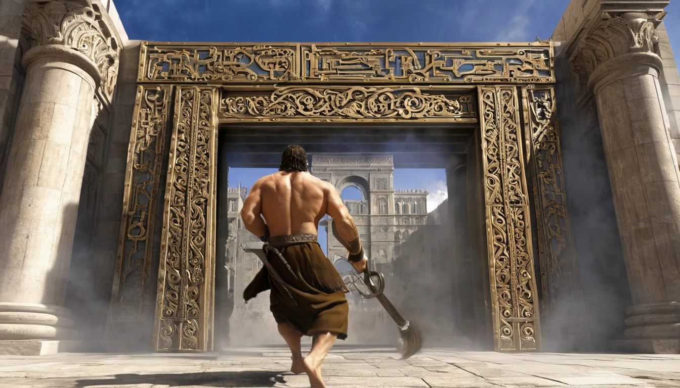 create an image of a character named Samson carrying the great entrance doors of a city from biblical times on his back