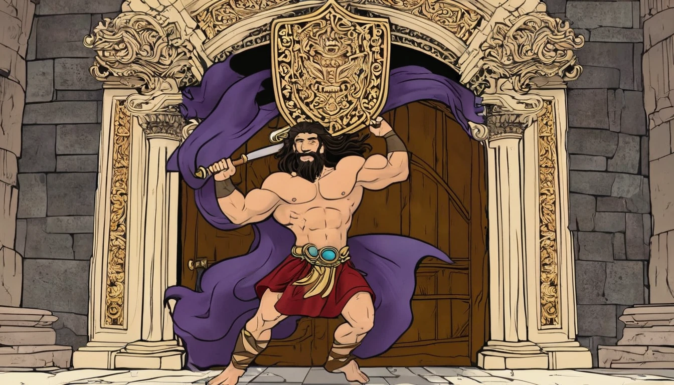 create an image of a character named Samson carrying the great entrance doors of a city from biblical times on his back