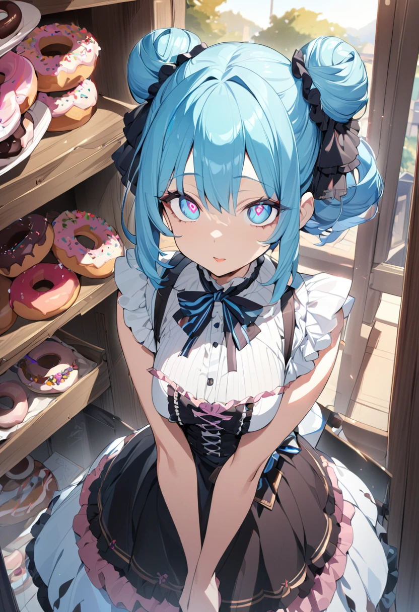 One girl, beautiful, big eyes, flower-shaped eyes, pink and light blue gradient eyes, gradient eyes, sky blue hair, donut-shaped ponytail, Lolita-style outfit, top quality, mismatched pupils, gradient eyes, flower-shaped pupils, diamond-shaped pupils, gradient eyes, doughnut hair bun, anime, anime, masterpiece, masterpiece, best quality