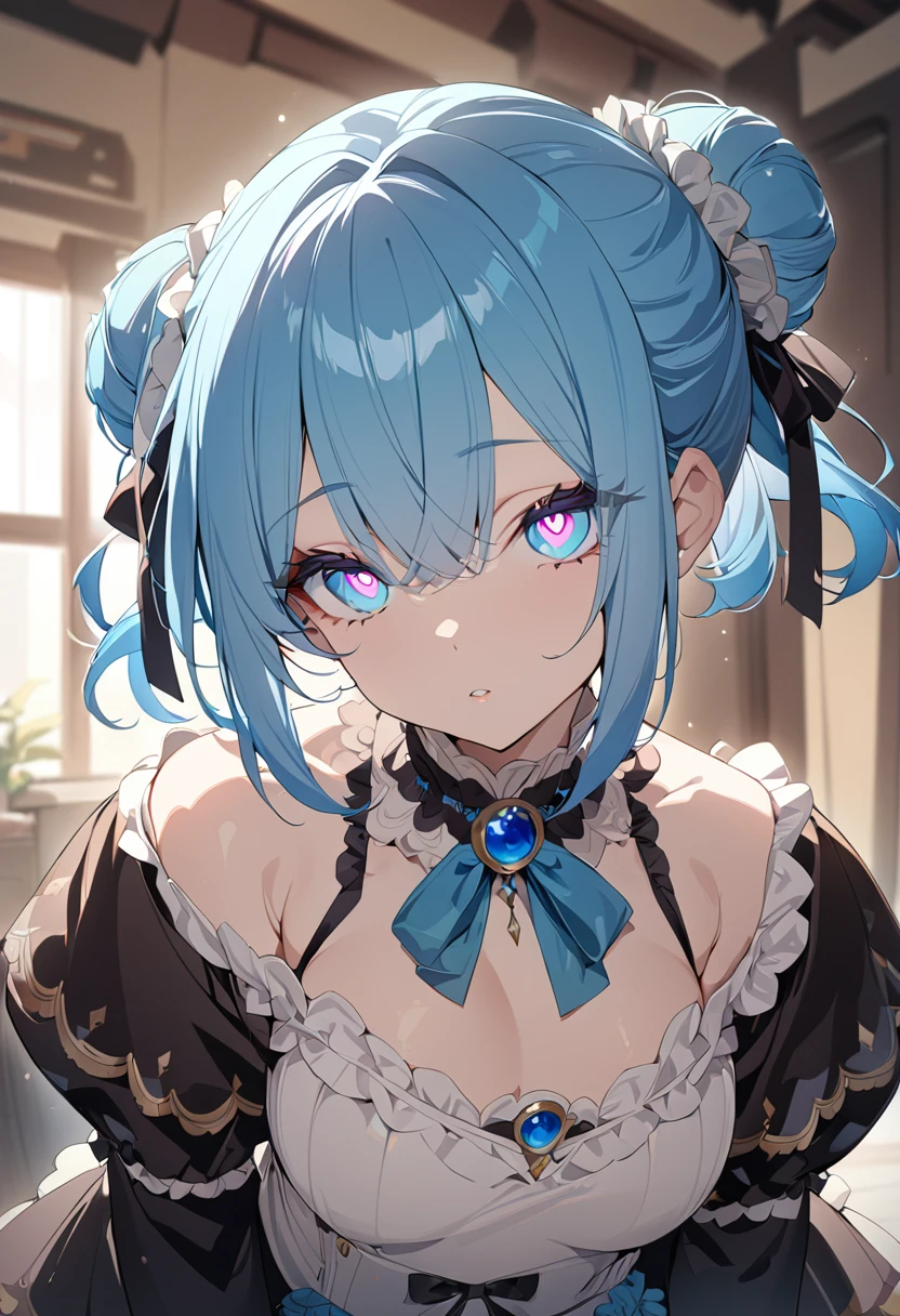 One girl, beautiful, big eyes, flower-shaped eyes, pink and light blue gradient eyes, gradient eyes, sky blue hair, donut-shaped ponytail, Lolita-style outfit, top quality, mismatched pupils, gradient eyes, flower-shaped pupils, diamond-shaped pupils, gradient eyes, doughnut hair bun, anime, anime, masterpiece, masterpiece, best quality