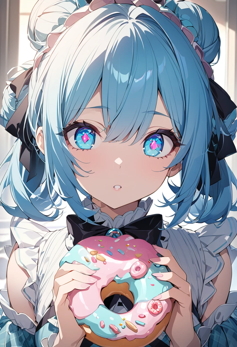 One girl, beautiful, big eyes, flower-shaped eyes, pink and light blue gradient eyes, gradient eyes, sky blue hair, donut-shaped ponytail, Lolita-style outfit, top quality, mismatched pupils, gradient eyes, flower-shaped pupils, diamond-shaped pupils, gradient eyes, doughnut hair bun, anime, anime, masterpiece, masterpiece, best quality