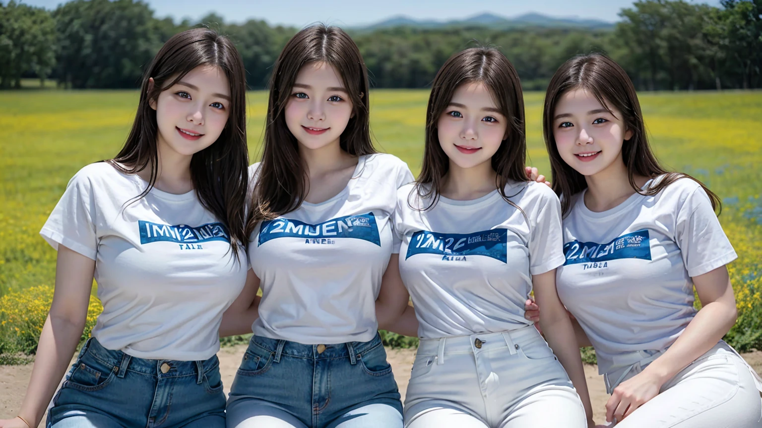 (3 girls), young faceอินโดนีเซีย, 12 years,smile, white skin, Round breast, blue eyes,(((White t-shirt and half-length blue jeans.)))Masterpiece, Highest quality, 8K, beautiful girl, young face、 photography, Cute face, thigh,In the meadow, Embarrassing、รอยsmile、((((((อายุ 12 years))))))、small waist、 ((big breasts))