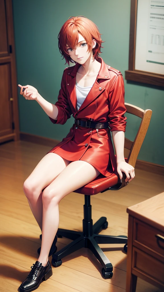 A red-haired young man,sit on the chair,The parts of the model in hand,Look relaxed,And focused,There is indeed a feeling of boredom
