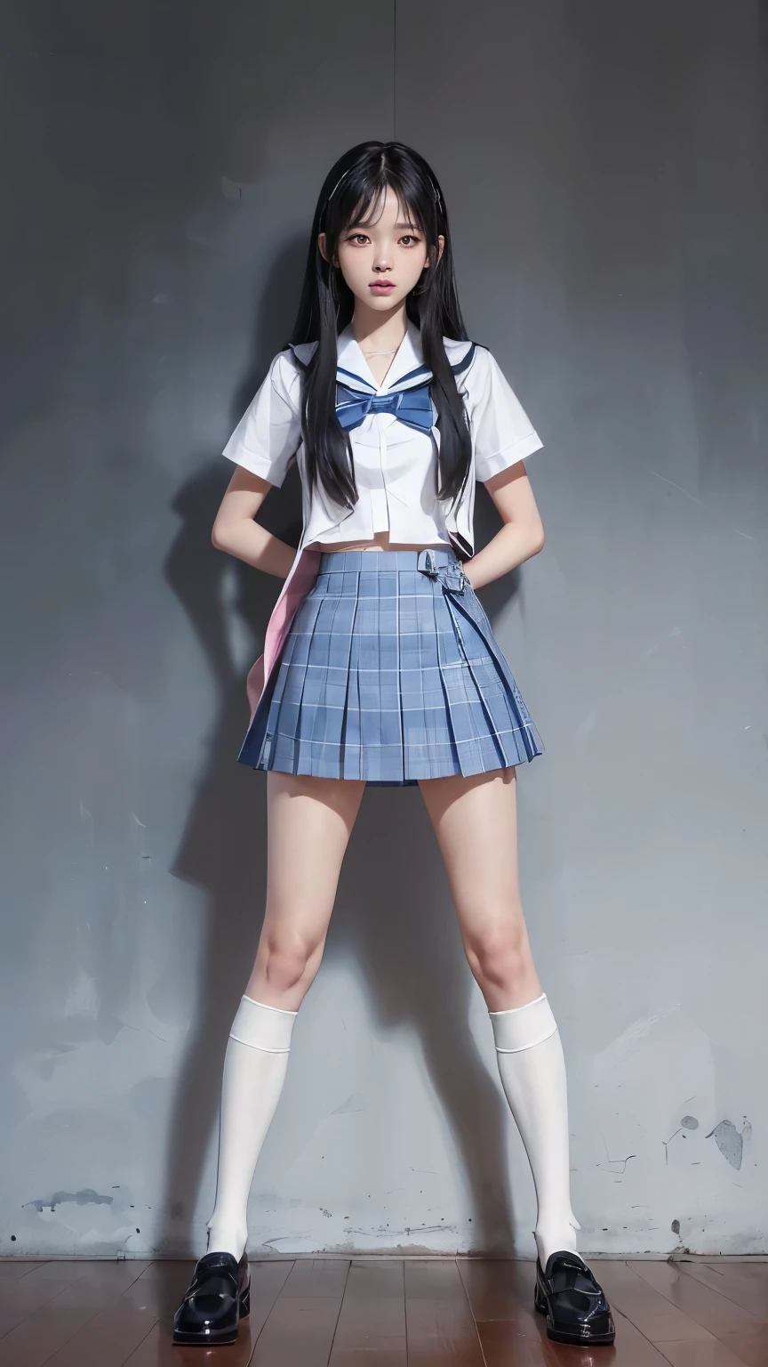 ((masterpiece)),(((最high quality))),(((((A full-body shot of a girl from floor height:1.7))))),((Photograph the whole body from knee height:1.6)),((((((Stand up straight with your legs together:1.9)))))),((Thin thighs)),((Long legs)),(((Girl standing in a school classroom:1.7))),(((Micro Mini Skirt Uniform:1.6))),((tall:1.8)),((Japanese high school girls wearing summer uniforms:1.8)),((Wearing a red checked tie:1.4)),Wearing a short-sleeved white shirt,Her erect nipples are clearly visible under her clothes,(Blue checked micro mini skirt:1.2),(:1.3),bangs,A small smile,((cute女の子)),Slender girl,Black Loafers,Short white socks up to the ankles,cute,The thighs below the groin are slim and firm,cute,Black hair ponytail,Thin legs,スリムなModel Body Type,Very small waist,Small hips,long thighs,Thin thighs,Thin hands,Long hands,((((Photograph the whole body from below:1.5)))),(((((k-popのIVEのWONYOUNGにそっくりの女の子:1.9))))),((Face your whole body straight ahead:1.8)),((tall:1.4)),(Stand with your legs straight and without bending your knees:1.7),((Stand up straight:1.7)),((Keep your hips facing forward:1.7)),The ankles are super thin,Beauty,Fine skin,Firm skin,引き締まったThin legsの肌を細部までリアルに再現,Super detailed, High detail,high quality,Awards,High resolution,(Anatomically correct:1.3),(8K,Raw photo,最high quality,masterpiece:1.5),(((Photographing a girl&#39;s whole body from below))),(((She is taking a photo alongside three other girls from her class.:1.5))),3人ともスリムでcute,Height 173cm,((Stand up straight with your legs together:1.7)),((Stand up straight without bending your knees:1.7)),((Stand up straight with your feet shoulder-width apart:1.5)),((Stand up straight in a relaxed position:1.7)),(((Keep your spine straight:1.8))),((Face forward:1.2)),8頭身Beauty,Model Body Type,((Inseam is more than half the height:1.3))