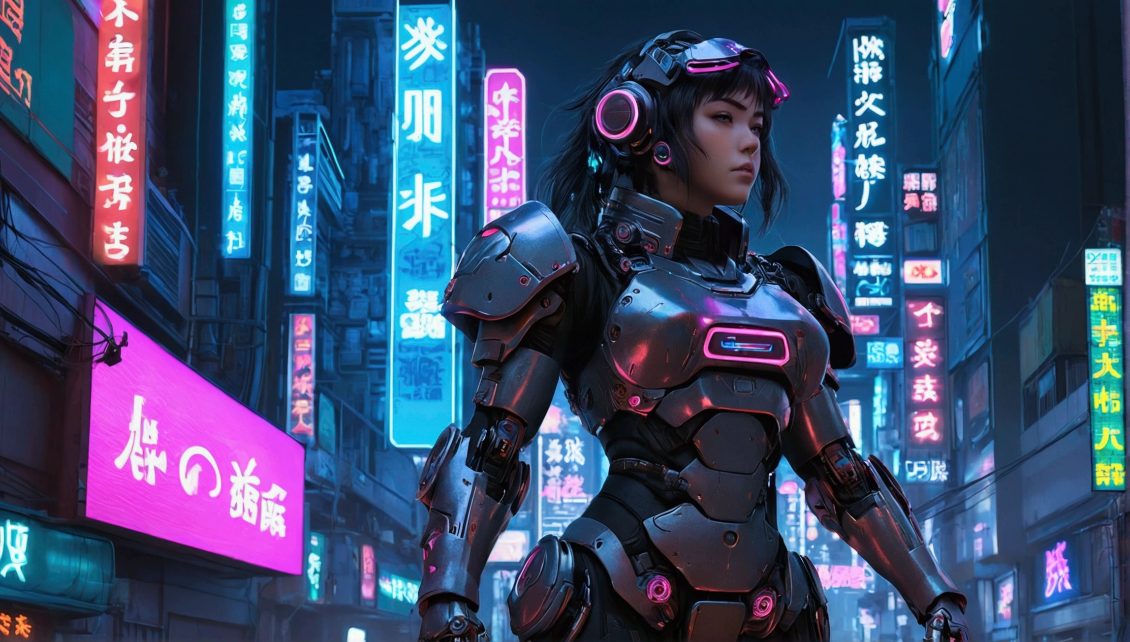 Cyberpunk power armor girl, Neon反射, Technical Improvement, Future city background, Mechanical details, cyberpunk futurism, Mechanical fantasy, Abe Yoshitoshi, Cyberpunk power armor girl, Neon Cyber City, High-Tech Warrior, Action poses, Neon city background, Neon, Fault light, Hologram light