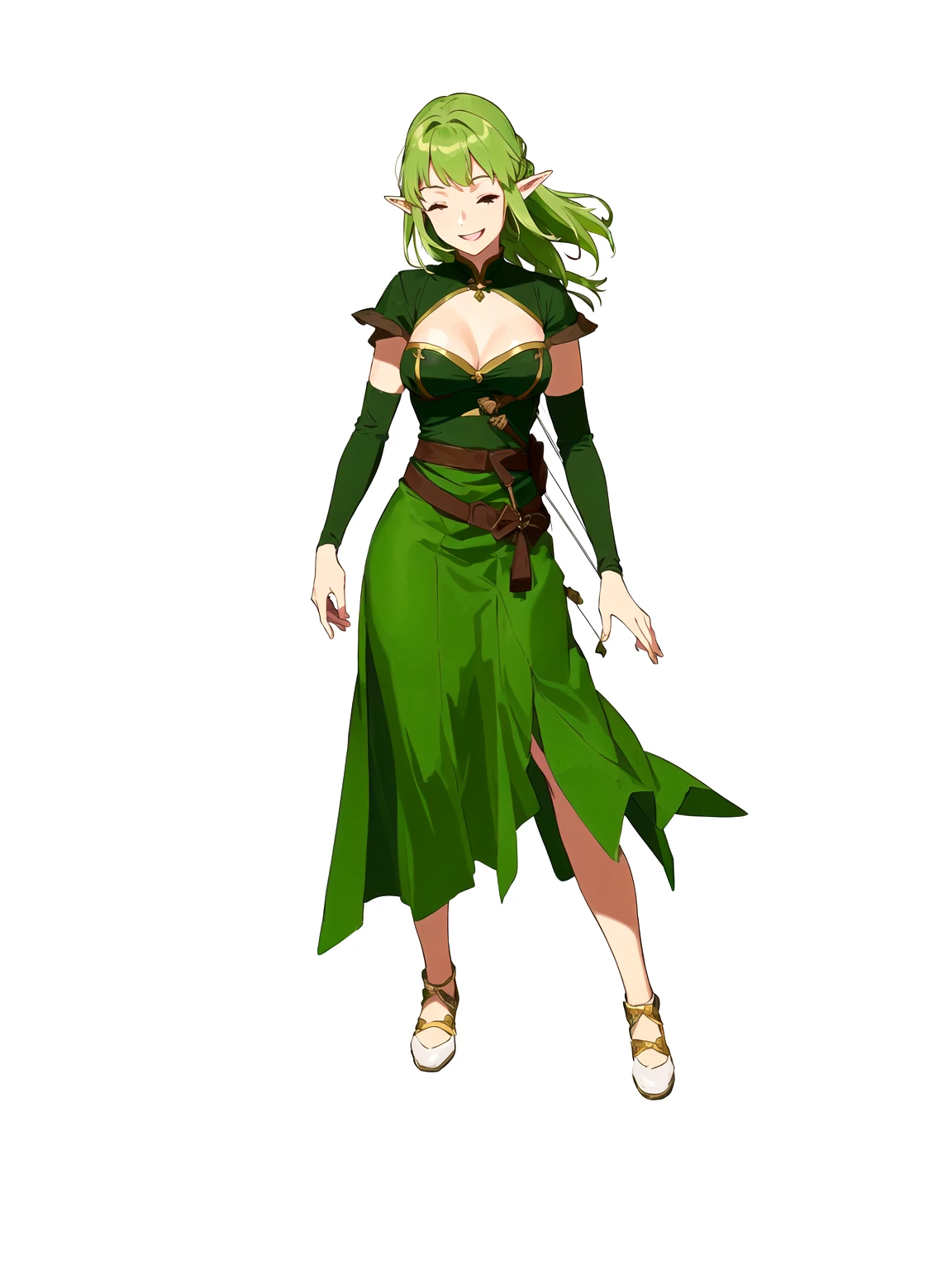 Anime, 1girl, 1woman, there is a woman dressed in a green dress with a bow and arrow, female forest archer, wood elf, (((mad))) elf princess, forest hunter lady, female elfling, female earth mage, female elf, beautiful wood elf, half elf woman, elven princess, elven warrior princess, elf princess knight, elf princess, female druid, forest dryad, (her right eye was closed, her left eye was open, she was laughing)