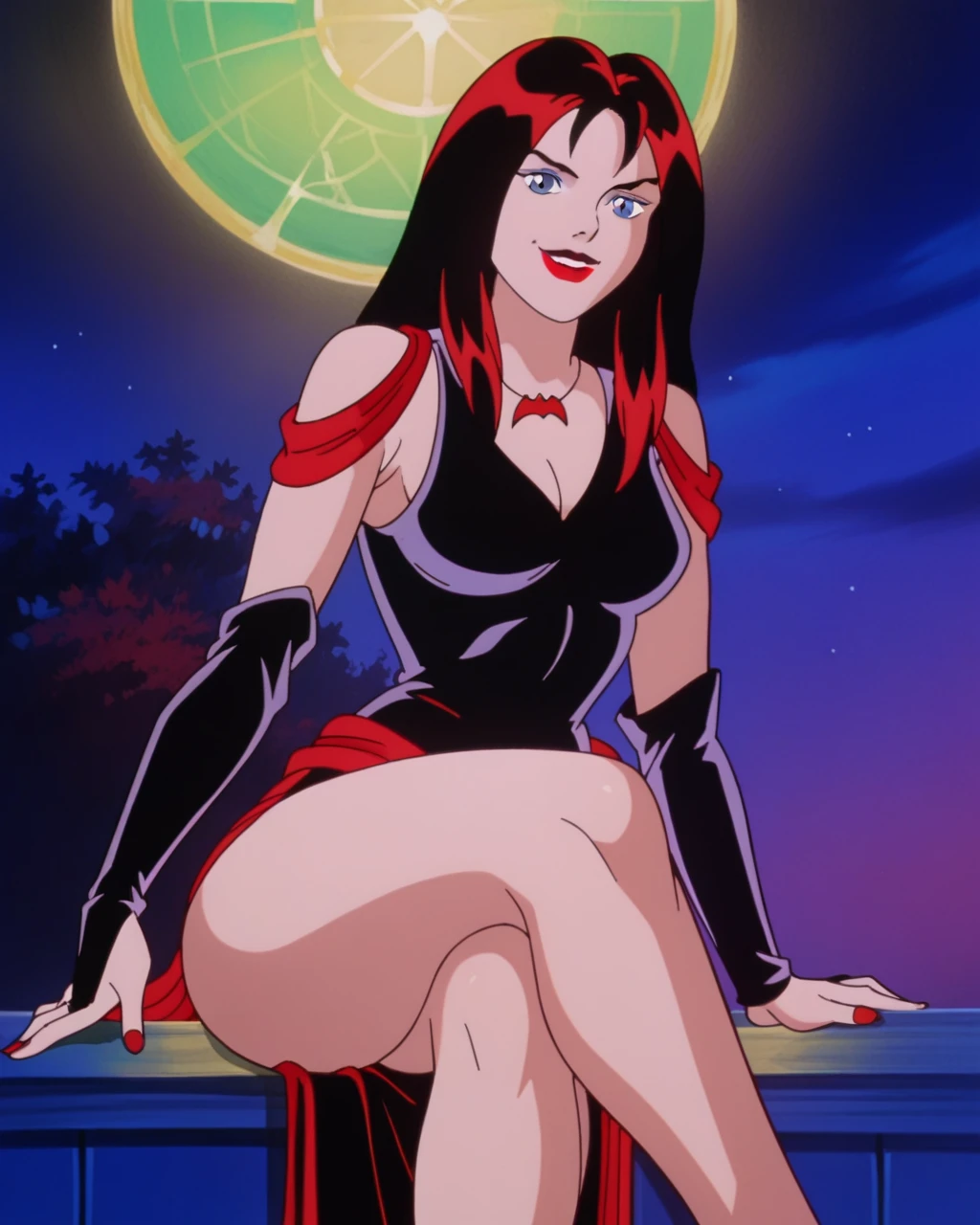 score_9, score_8_up, score_7_up, zPDXL, Thornhex, black hair, red highlights , SD90style, retro artstyle, source_cartoon, 2D, 1girl, red nails, blue eyes, red lips, black dress, long hair, looking at viewer, breasts, lipstick, makeup, smile, sexy legs, sitting, legs crossed, thick thighs, legs focus, [muscular legs]