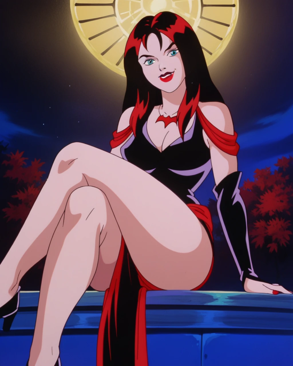 score_9, score_8_up, score_7_up, zPDXL, Thornhex, black hair, red highlights , SD90style, retro artstyle, source_cartoon, 2D, 1girl, red nails, blue eyes, red lips, black dress, long hair, looking at viewer, breasts, lipstick, makeup, smile, sexy legs, sitting, legs crossed, thick thighs, legs focus, [muscular legs]