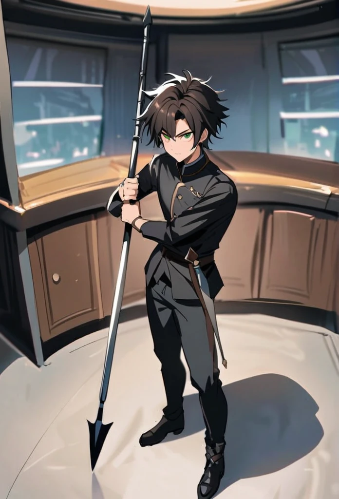 Male, young, stand on ellegant pose, bird eye pov, bring a spear, with alert ekspression, full body