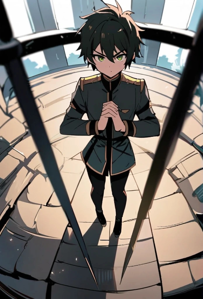 Male, young, stand on ellegant pose, bird eye pov, bring a spear, with alert ekspression, full body