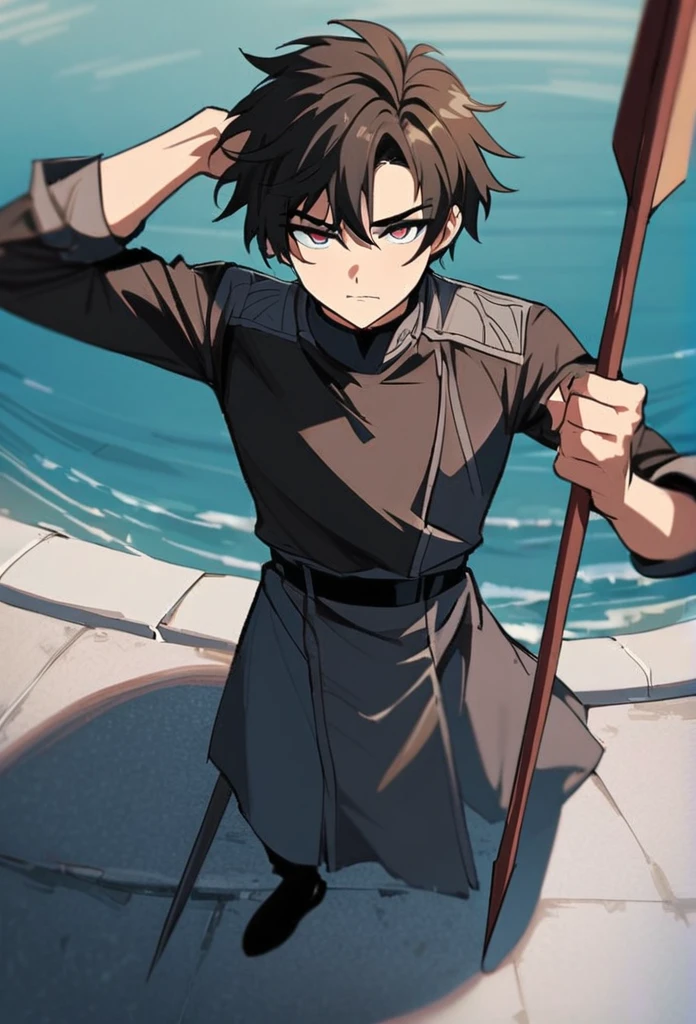 Male, young, stand on ellegant pose, bird eye pov, bring a spear, with alert ekspression, full body