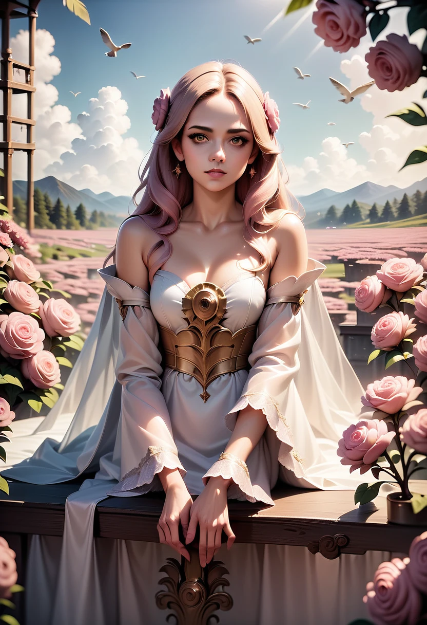 pink flowers, CGI Art, red-yellow color, Pardal Surreal, Pinterest, photorealistic art style, rich colors, AI-generated images, high detailed portrait, bird sitting on a branch singing to you, breathtaking rendering